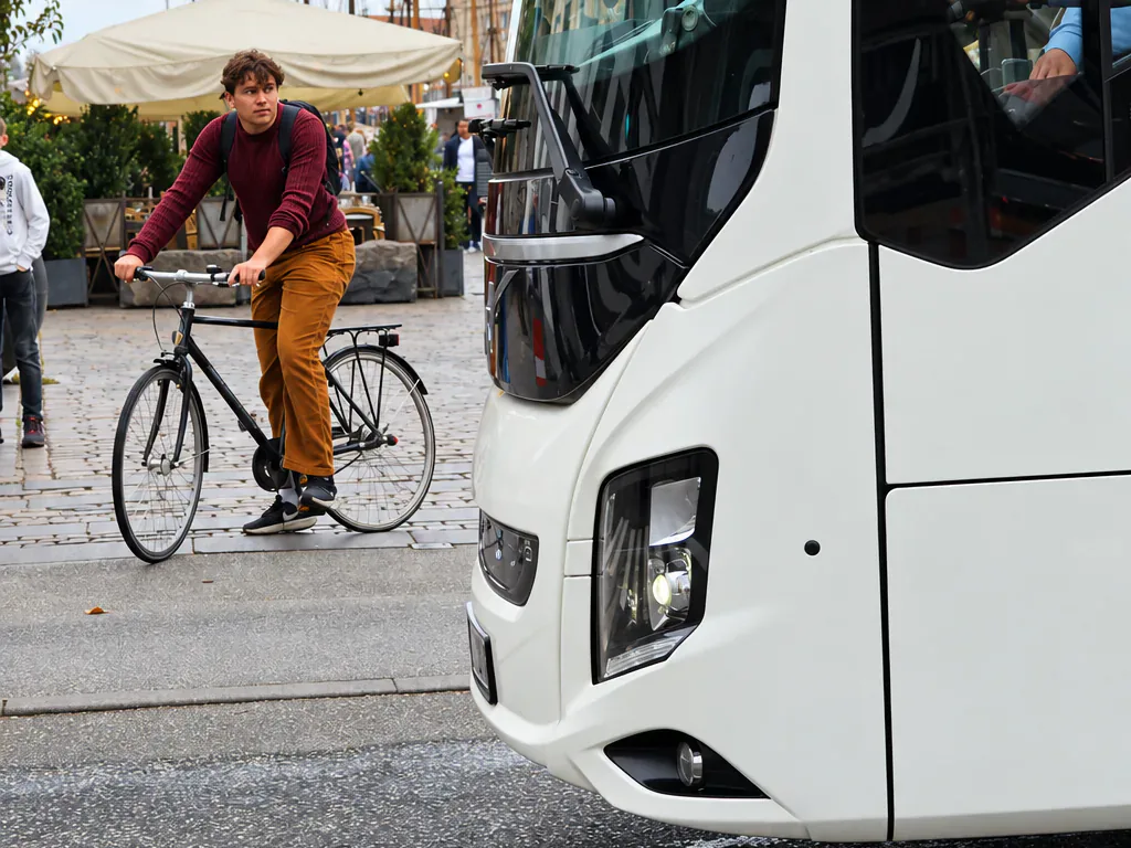 BusCom coach on a city square in Copenhagen, a cyclist passing by
