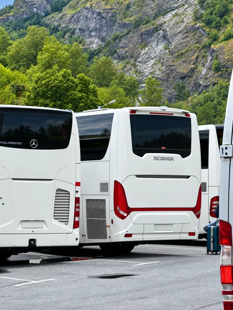 Two coaches parked beneath a mountain cliff